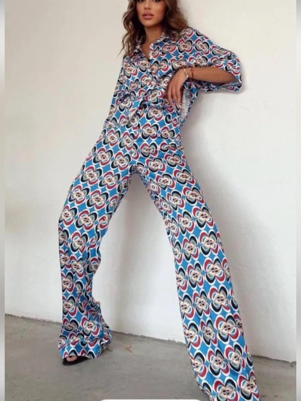 Zara Blue Geometric Wide-Leg Jumpsuit